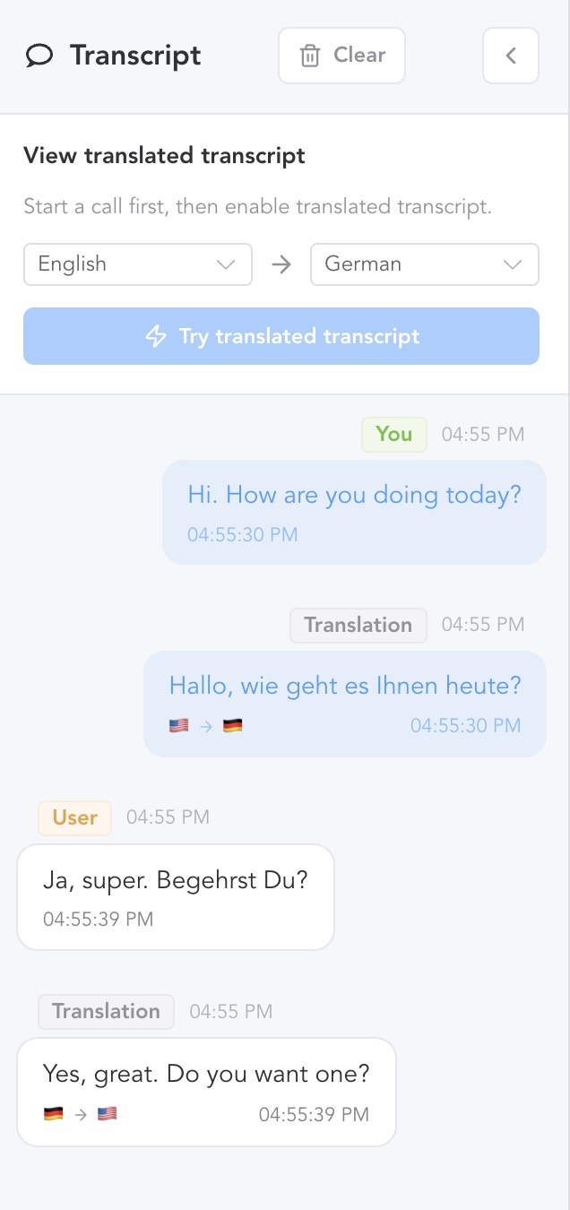 ExpatPhone phone call transcript interface showing translated live text during a call